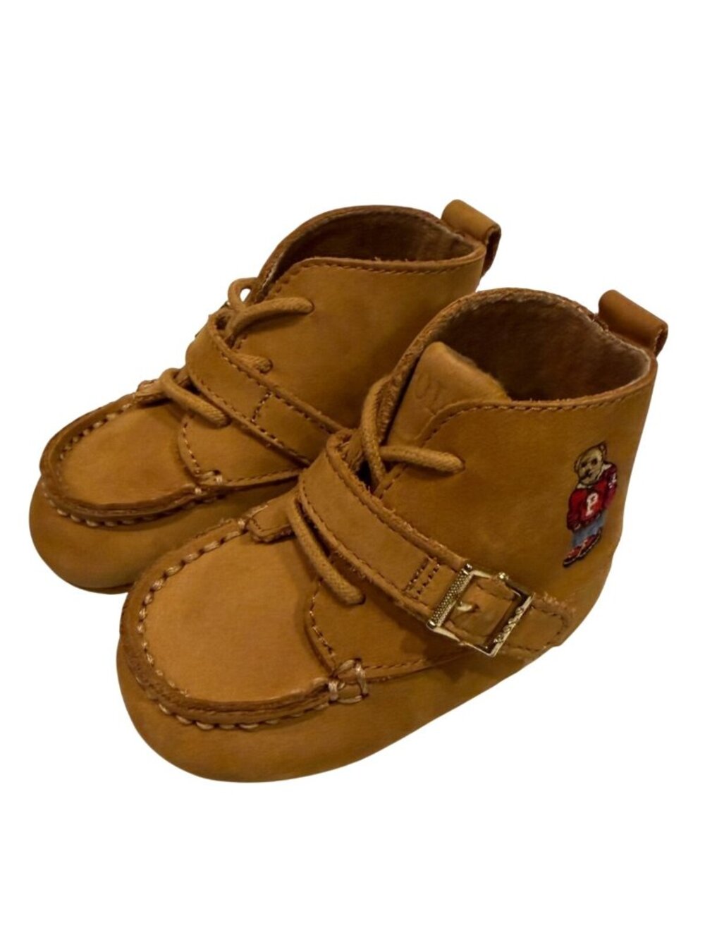 Ralph Lauren Cashew Nubuck Baby Infant Boots Bear Buckle Laces Box Size 3